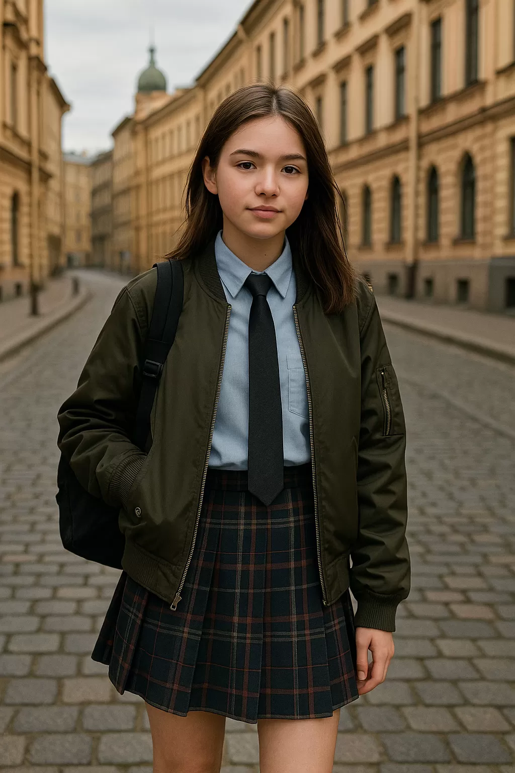 Как собрать образ в Санкт-Петербурге: бомбер, галстук и юбка в школьной моде